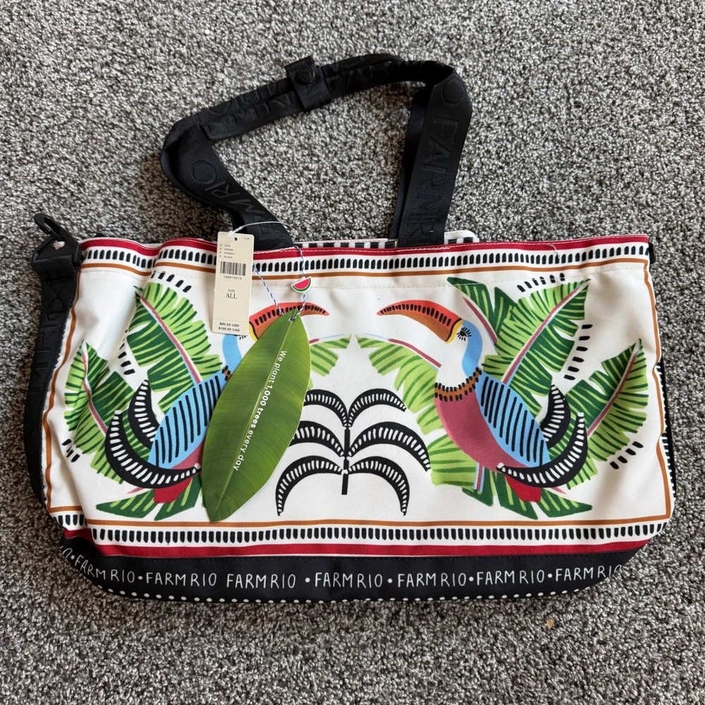 Farm Rio Toucan Canvas Tote Bag OS Tropical Print Logo Strap White Black Multi